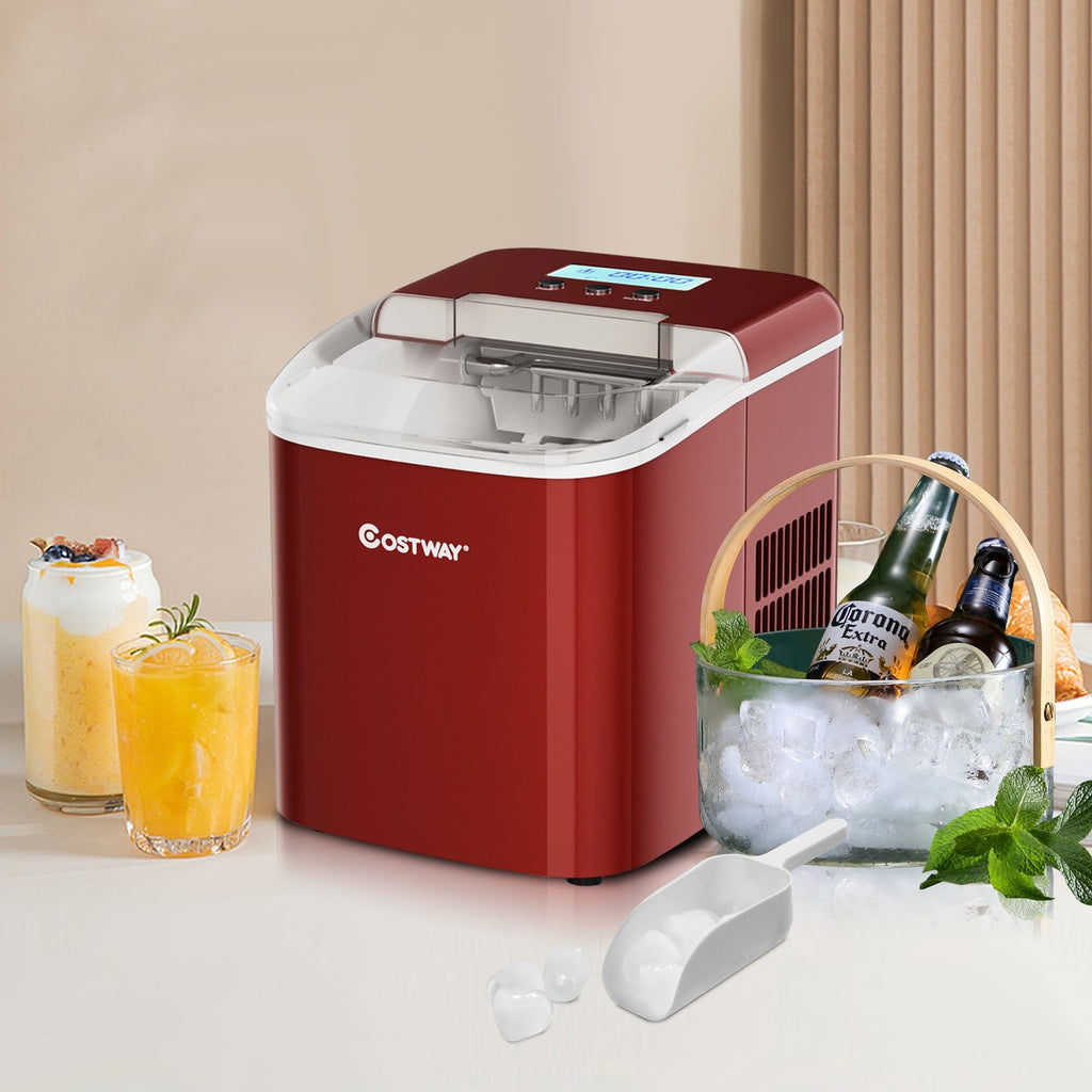 Machine à Glaçons 12KG/24H 2 Tailles de Glaçons 2,1L Réservoir 9pcs en 7 Minutes Pelle Panier Amovible Comptoir Maison Rouge -