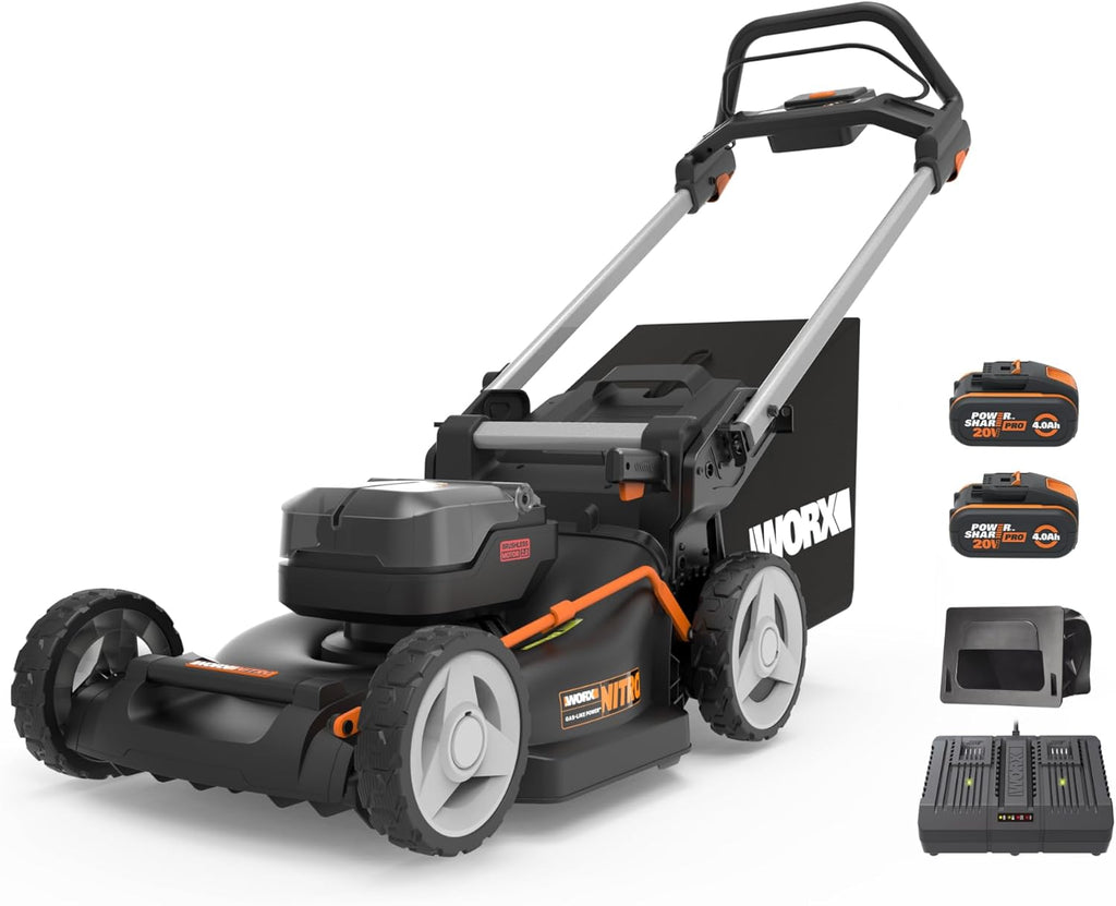 Pack Pro+ Tondeuse à Gazon 40V 460m² + Coupe-Bordures 20V + 2 Batteries 4Ah et 1 Batterie 2Ah + Chargeur Double et Chargeur Simple (Idéal pour l'Entretien du Jardin)