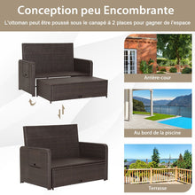 Load image into Gallery viewer, Salon de Jardin Extérieur Ajustable à Lit,2 Place avec Stockage Caché,Dossier Réglable à 4 Niveaux en Rotin PE -
