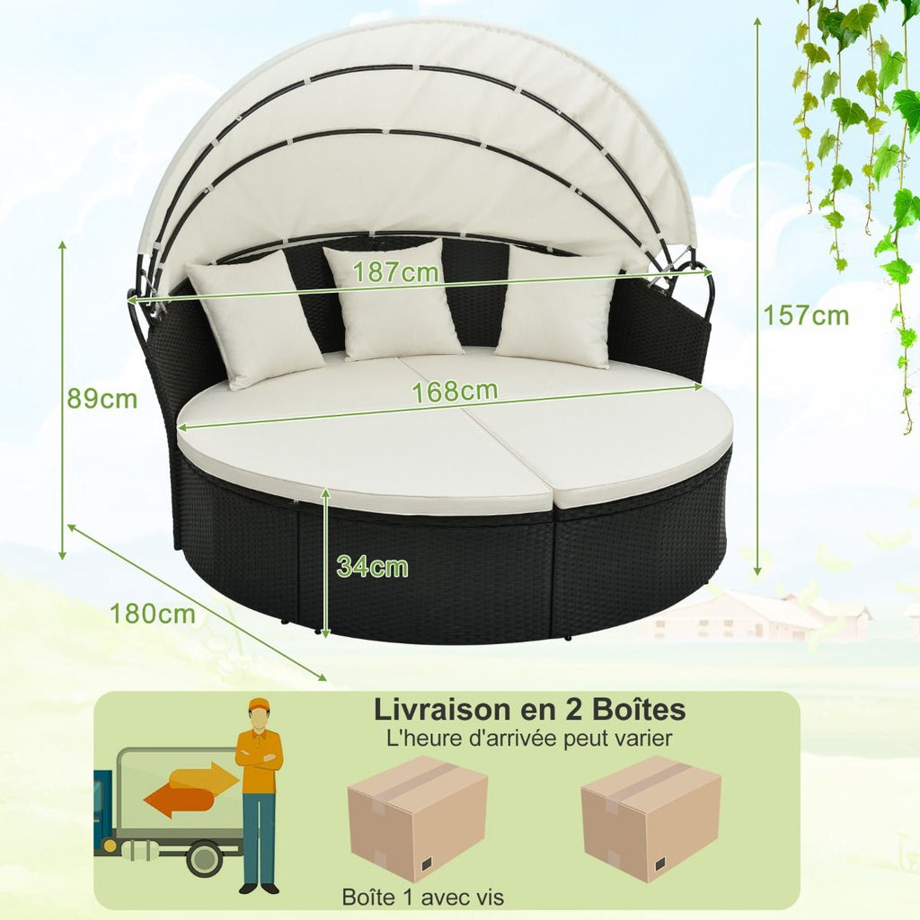 Lit Canap de Jardin Rond en Rotin PE Auvent Rtractable Coussins et Oreillers Amovibles Salon de Jardin Modulable Blanc -