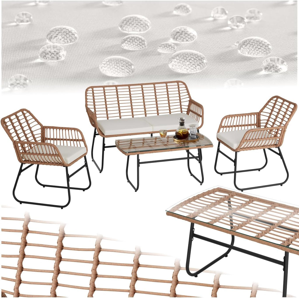 TecTake® Salon de Jardin Extérieur en Poly Rotin 4 Personnes Ensemble Canapé 2 Places 2 Fauteuil Salon et Table de Jardin, Coussins Amovibles Inclus, Amenagement Balcon Terrasse Veranda