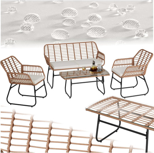 TecTake® Salon de Jardin Extérieur en Poly Rotin 4 Personnes Ensemble Canapé 2 Places 2 Fauteuil Salon et Table de Jardin, Coussins Amovibles Inclus, Amenagement Balcon Terrasse Veranda