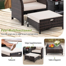 Load image into Gallery viewer, Meubles de Patio 5 Pices Ensemble de Canap d'Extrieur en Rotin avec 2 Chaises 2 Poufs et 1 Table Basse Coussins Doux Plateau en Verre Tremp Beige -