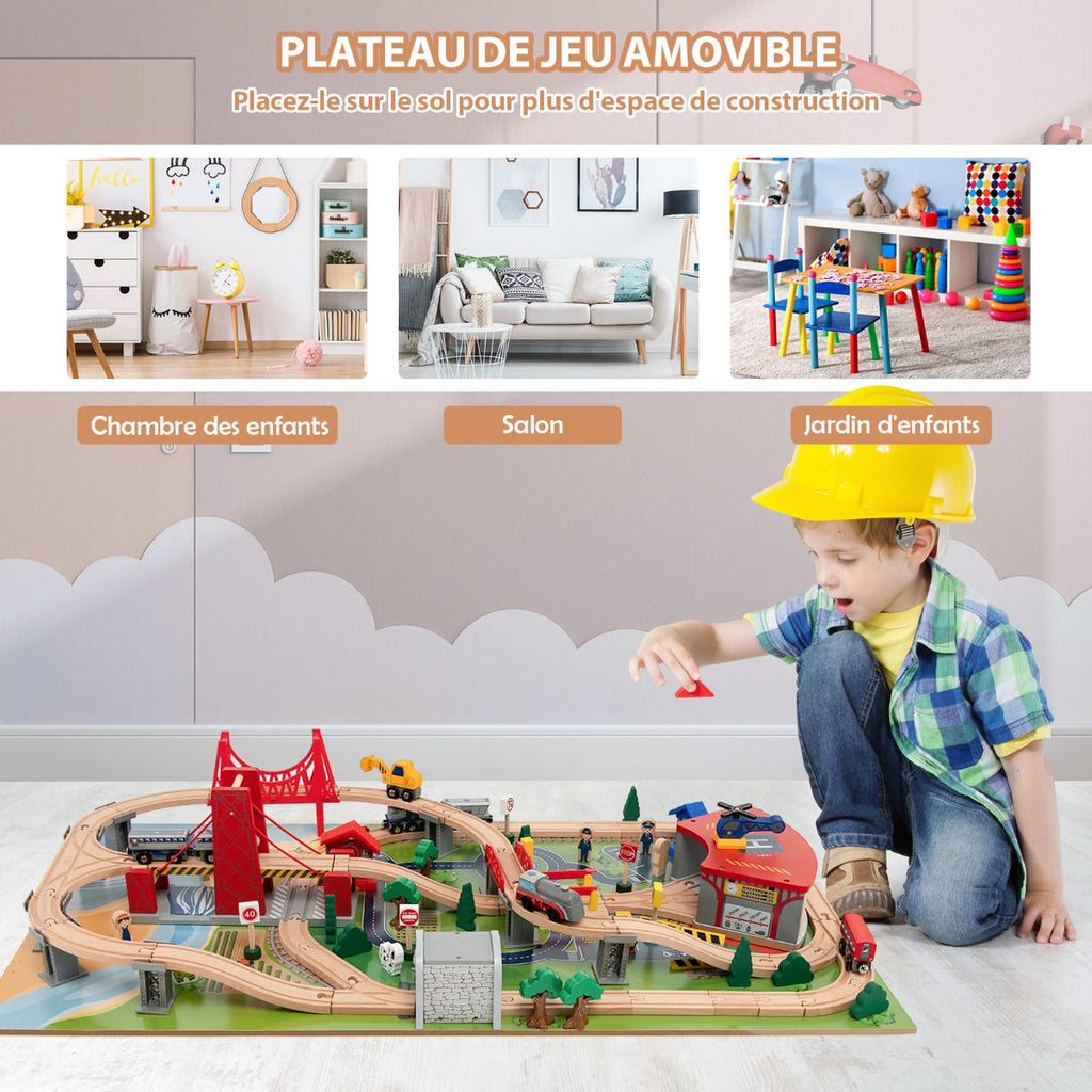 Table Circuit Train en Bois 100 Accessoires avec Tiroir de Rangement Jouet Educative pour Enfants 3 Ans + -
