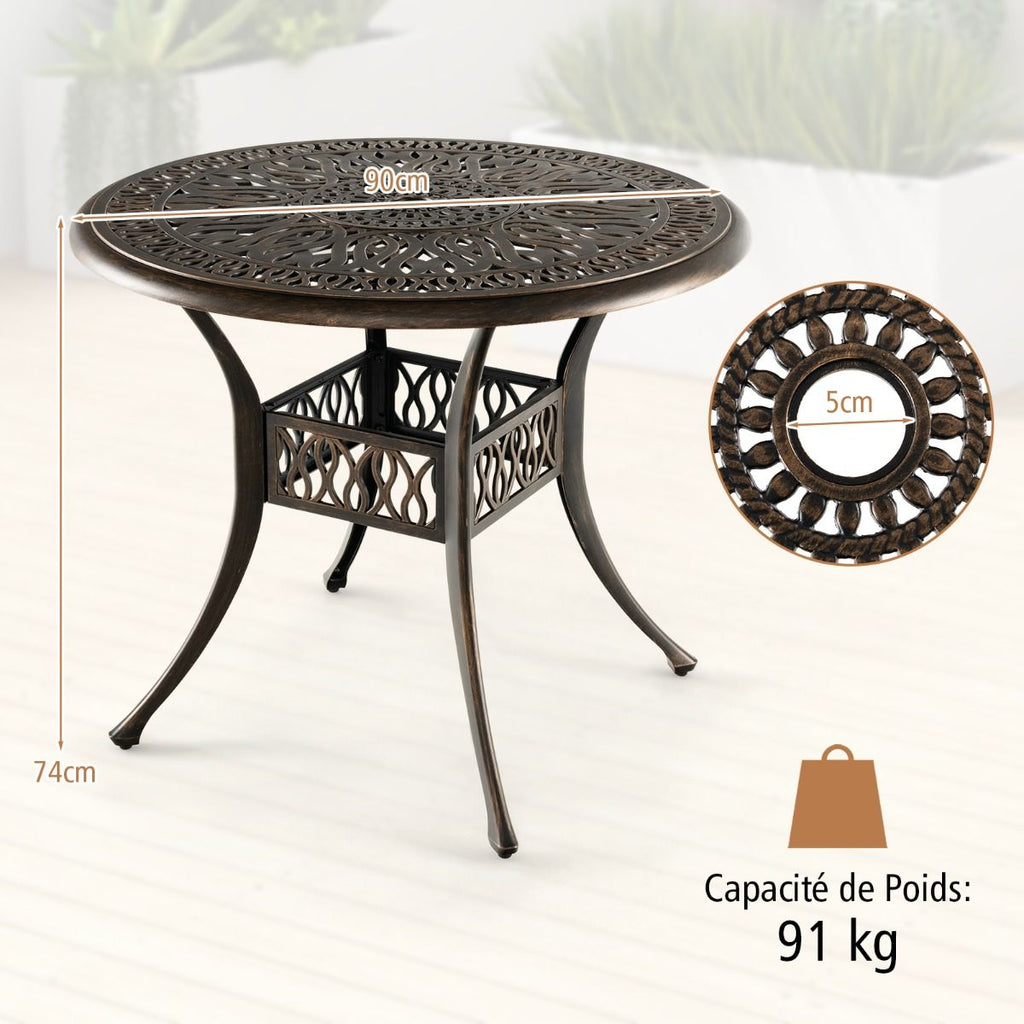 Table Jardin Ronde en Aluminium coulé 90x90x74CM avec Trou pour Parasol 5CM Table Extérieure avec Pied Réglable Antidérapant -