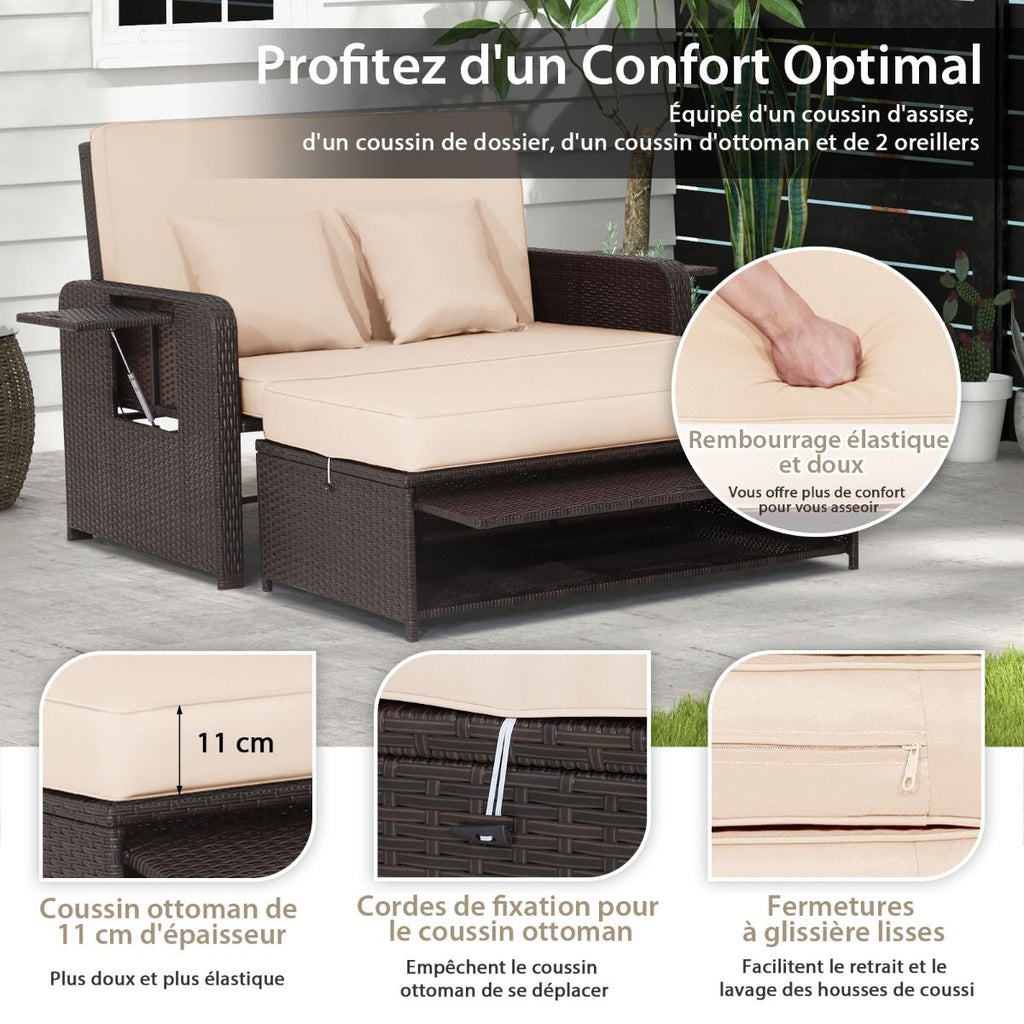 Salon de Jardin Extrieur Ajustable  Lit,2 Place avec Stockage Cach,Dossier Rglable  4 Niveaux en Rotin PE -