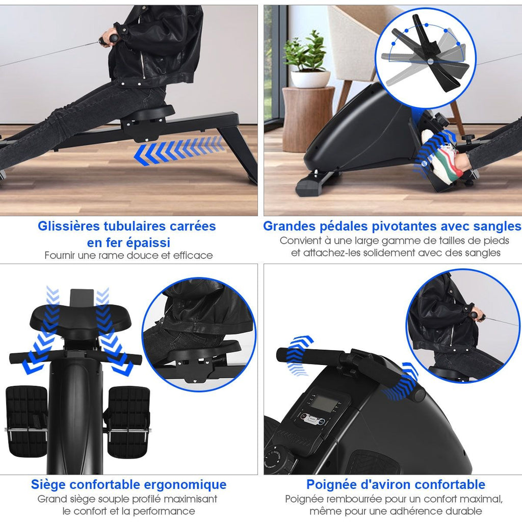 Rameur d'Appartement Pliable à Résistance 10 Niveaux Ecran Lcd Capacité 120kg Musculation Des Bras Cardio-Training Noir -