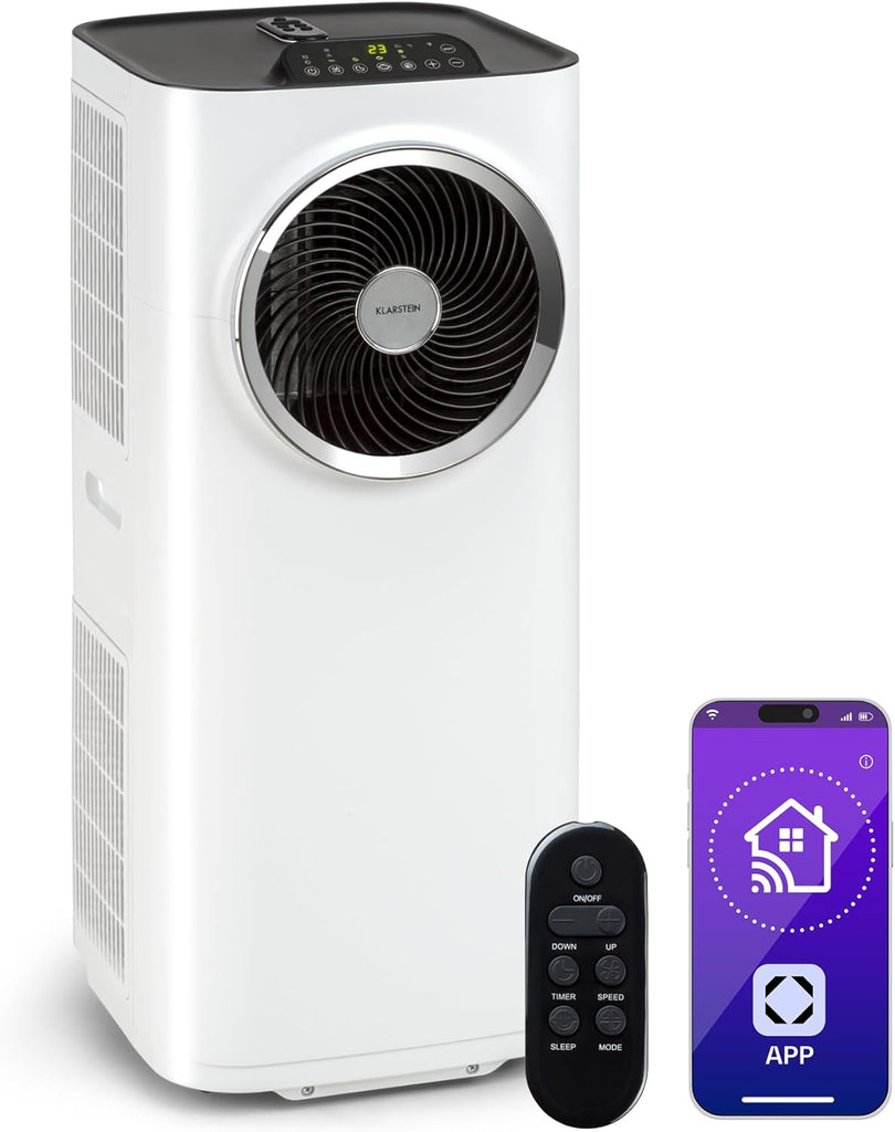 Klarstein Climatiseur Mobile Silencieux, Climatiseur Portable 5 en 1, Mini Climatiseur, Purificateur et Elimination des Odeurs, Mode Nuit, Déshumidificateur d'Air, Faible Conso, 10K BTU, Climatiseurs