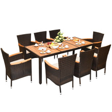 Load image into Gallery viewer, Salon de Jardin en Rotin 9 Pièces pour 8 Personnes Plateau de Table en Acacia Ensemble de Salle à Manger avec Coussins Amovibles Charge 160KG -