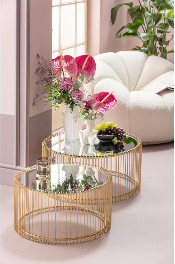 Kare Design Tables Basses Wire, Lot de 2, Laiton/Miroir, Rond, Acier, Plateau de Table en Verre, Diamètre 70/60cm, Style Moderne, Élégante, Table Basse Salon, Deco Intérieur, Décoration Chambre