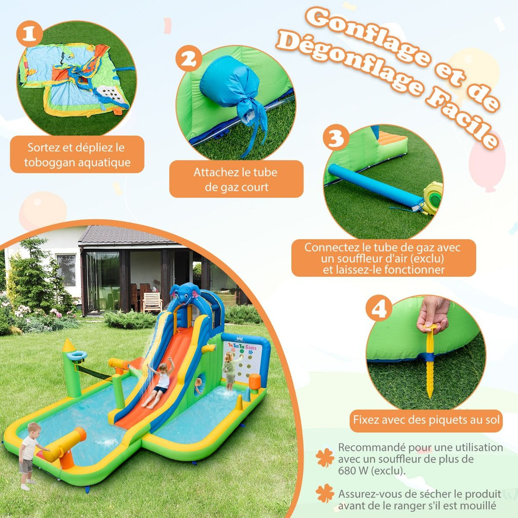 Toboggan Aquatique Gonflable Gant pour Enfants Piscine  claboussures sures Mur D'escalade Canons  Eau Lancer D'anneaux Cerceau (sans Souffleur) Multicolore -