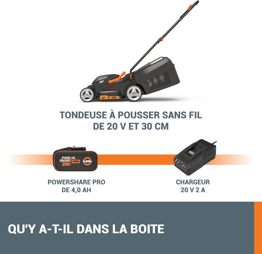 Pack Pro+ Tondeuse à Gazon 40V 460m² + Coupe-Bordures 20V + 2 Batteries 4Ah et 1 Batterie 2Ah + Chargeur Double et Chargeur Simple (Idéal pour l'Entretien du Jardin)
