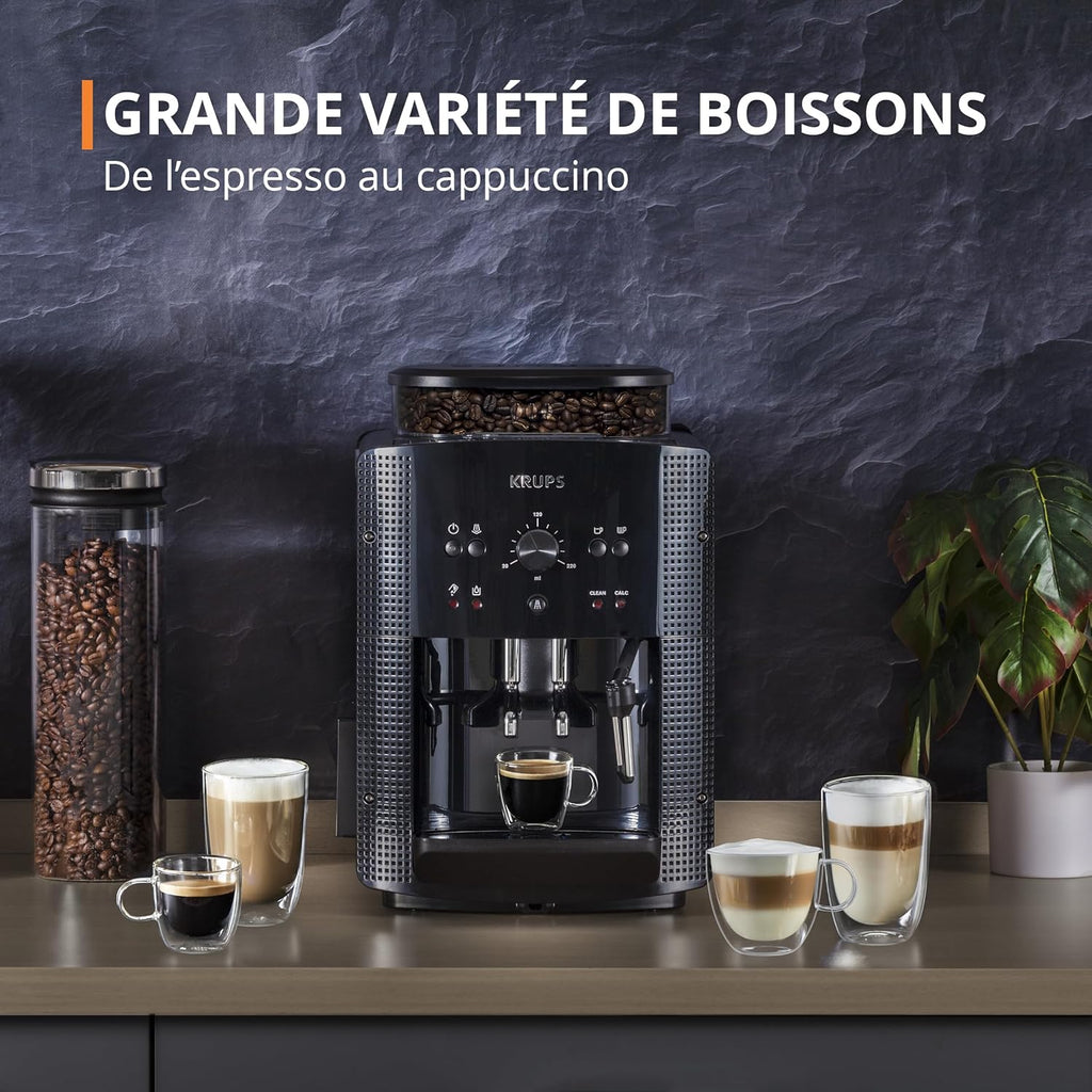Machine  caf grain,1,7 L,2 tasses en simultan,Nettoyage automatique,Buse vapeur pour Cappuccino,Cafetire espresso,Essential noire YY8125FD,Noir -