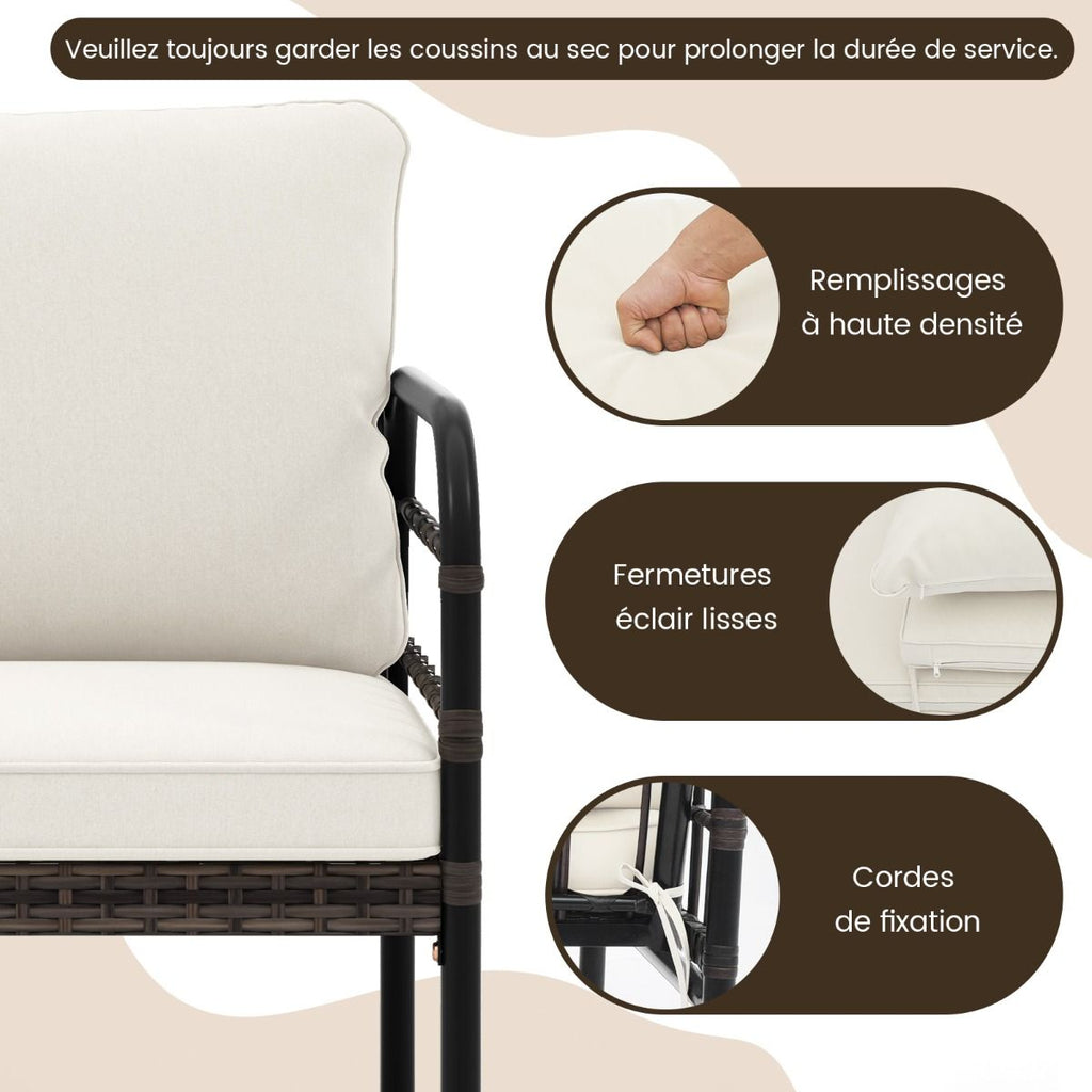 Meubles de Patio 4 Pièces en Rotin Charge 180-360KG avec Chaises Causeuse Coussins et Table Basse en Verre Trempé pour Balcon Blanc -