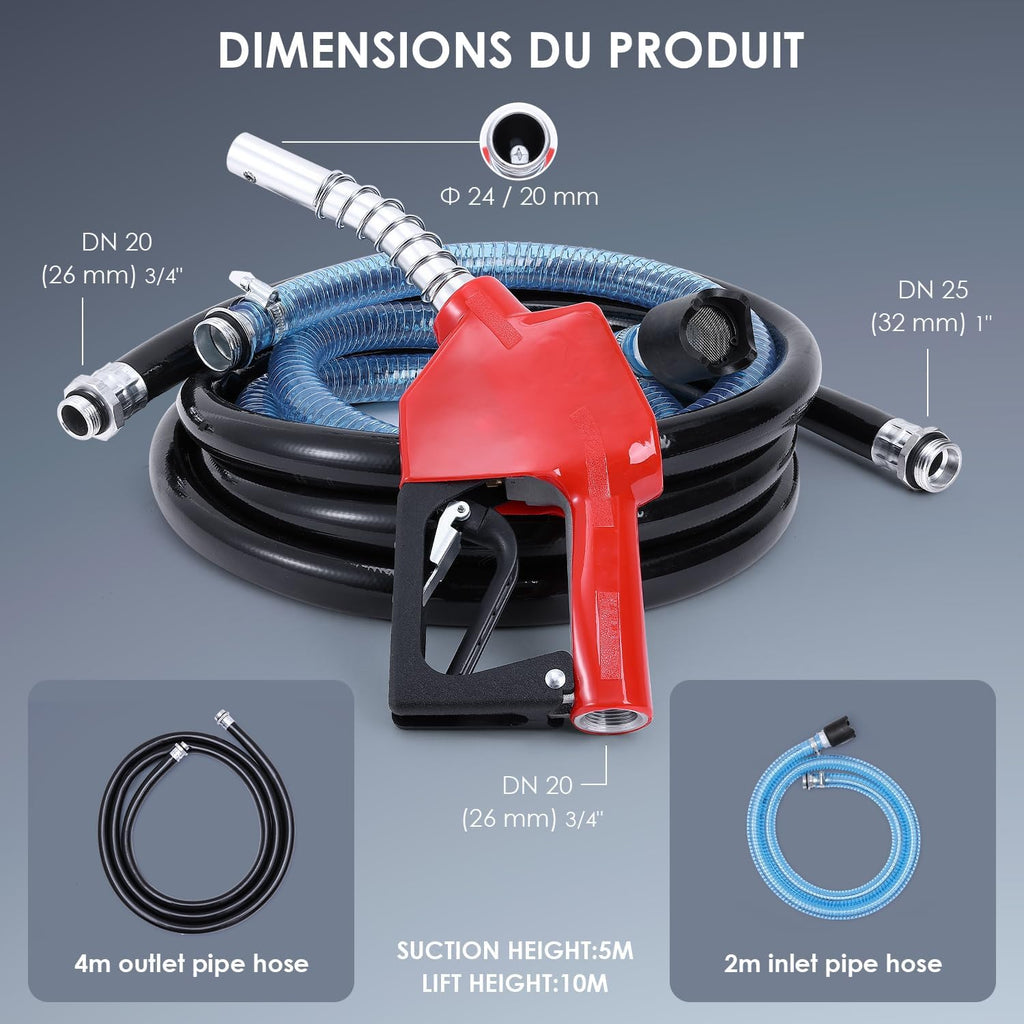 Pompe à diesel 230 V 550 W auto-amorçante - Stations essence mobiles 60/min - Avec tuyaux et pistolet de distribution - Pour voitures camions citernes etc.