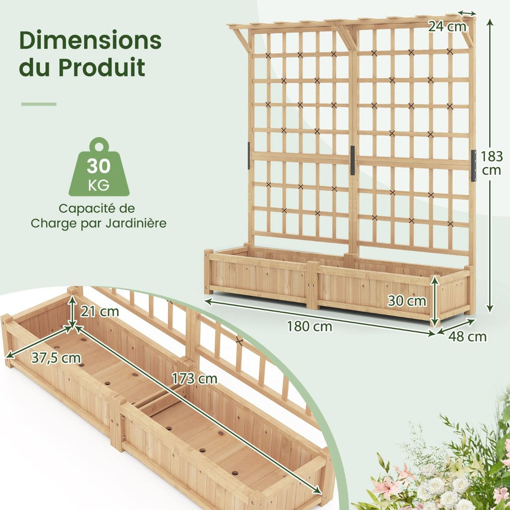 Jardinière avec 2 Treillis 2 Bacs Toit Suspendu en Bois Lit de Jardin Surélevé avec 4 Trous de Drainage 180 x 48 x 183 cm Orange -