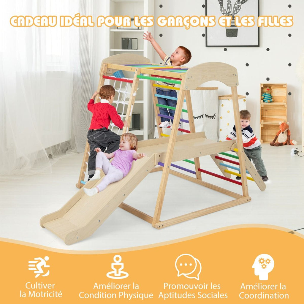 Triangle d'Escalade 6 en 1 en Bois avec Toboggan et Filet Barre pour Grimper Ramper et Glisser 1 An+ Coloré/Naturel -