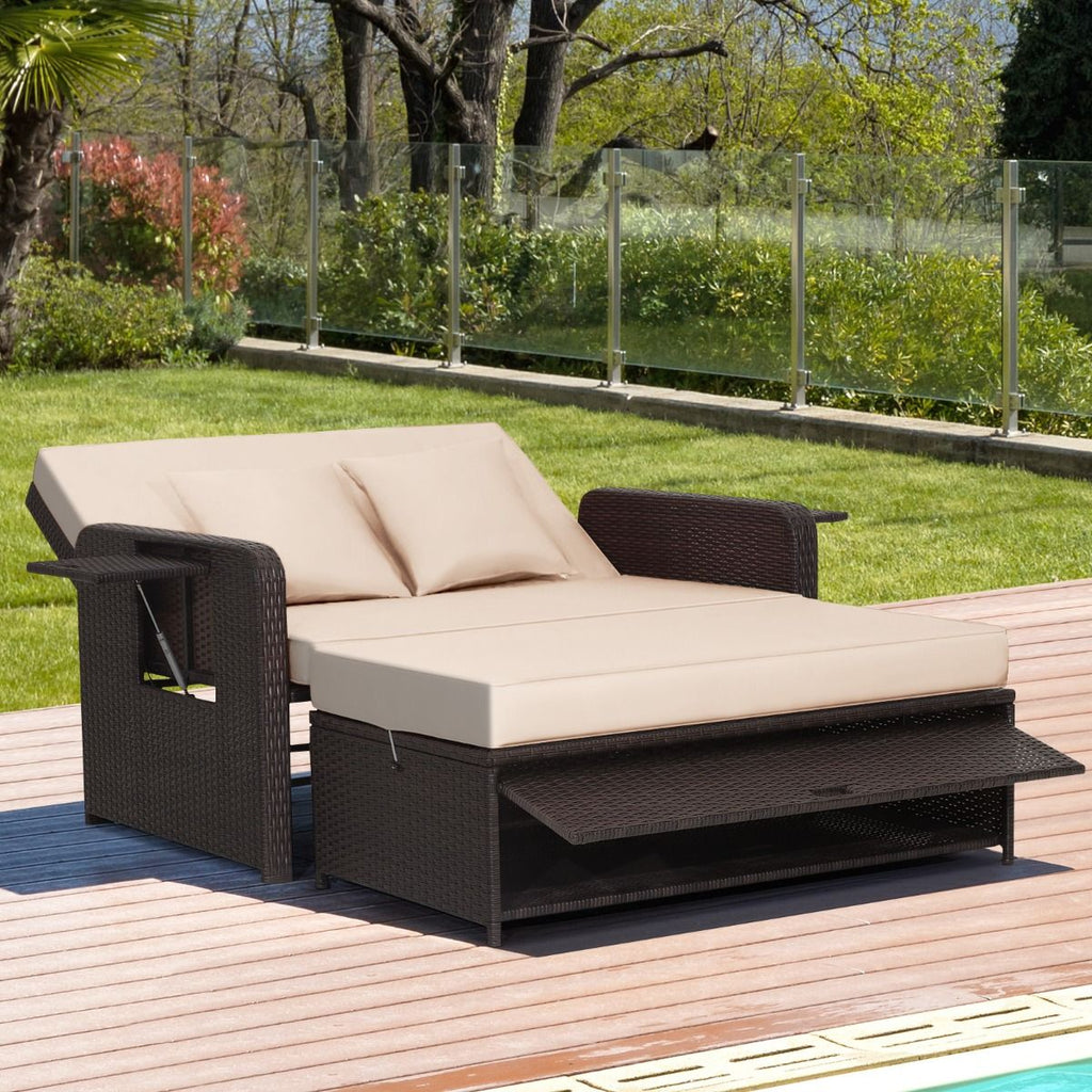Salon de Jardin Extérieur Ajustable à Lit,2 Place avec Stockage Caché,Dossier Réglable à 4 Niveaux en Rotin PE -