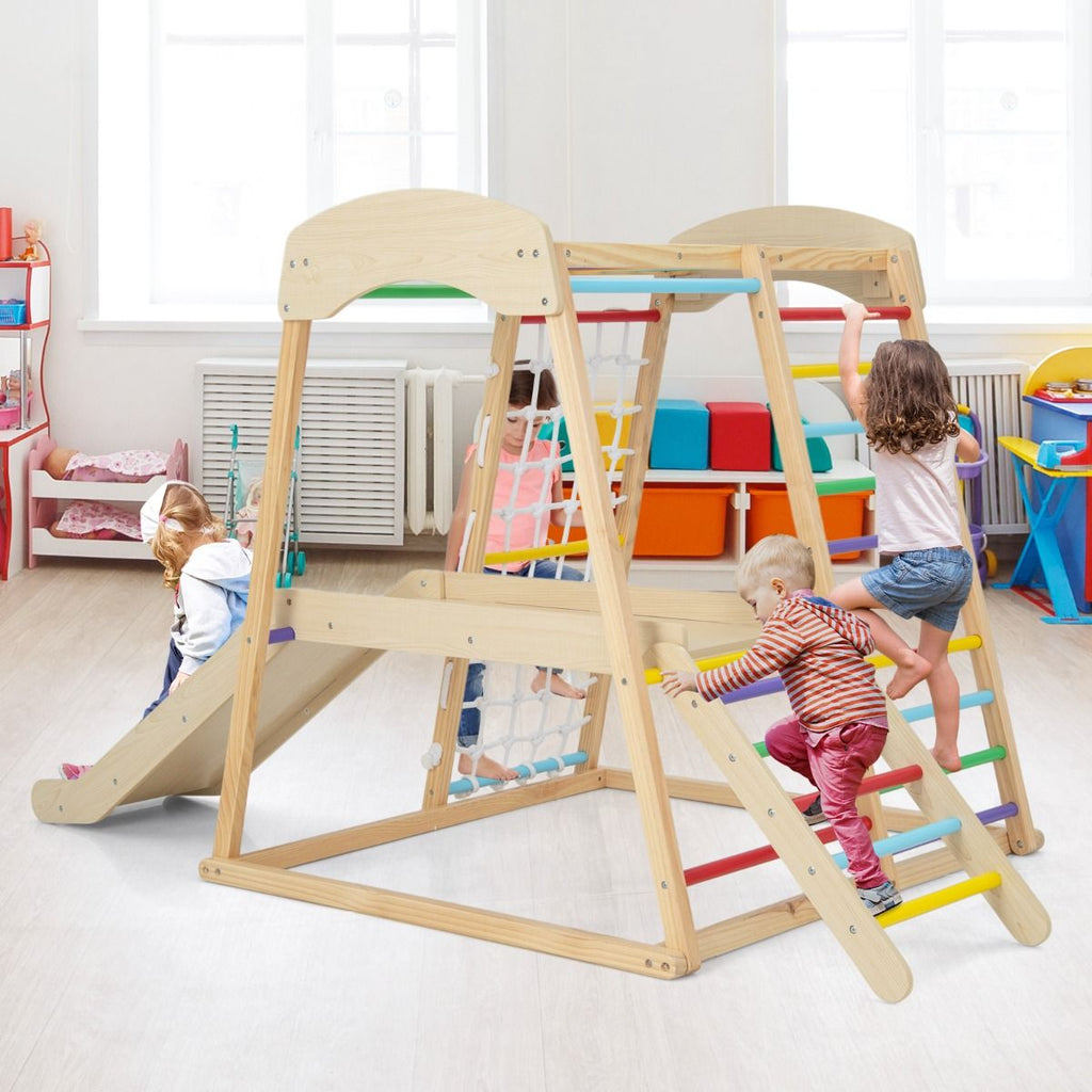 Triangle d'Escalade 6 en 1 en Bois avec Toboggan et Filet Barre pour Grimper Ramper et Glisser 1 An+ Coloré/Naturel -