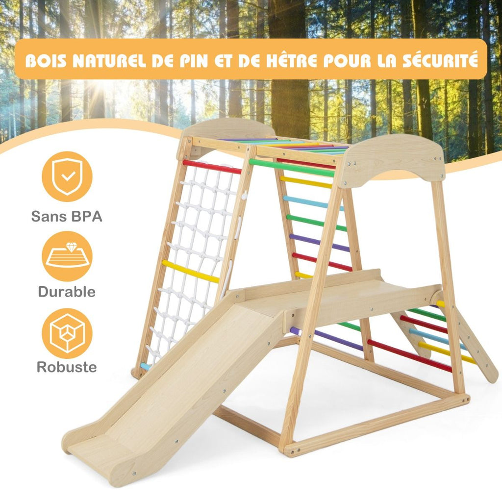 Triangle d'Escalade 6 en 1 en Bois avec Toboggan et Filet Barre pour Grimper Ramper et Glisser 1 An+ Coloré/Naturel -