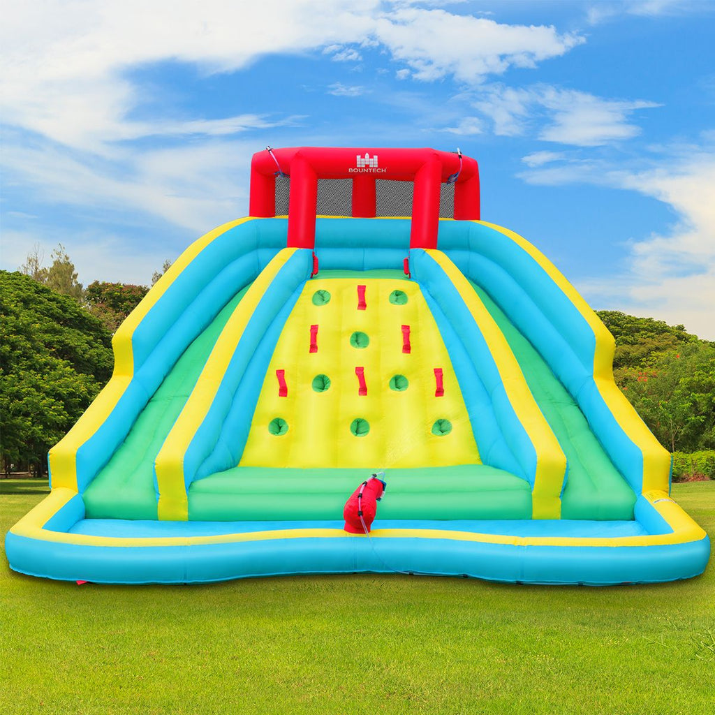Toboggan Aquatique Gonflable 5 en 1 avec Pataugeoire Aire de Jeux Gonflable en Oxford avec Mur d'Escalade Charge 150kg pour 3-10 Ans (sans Souffleur) -