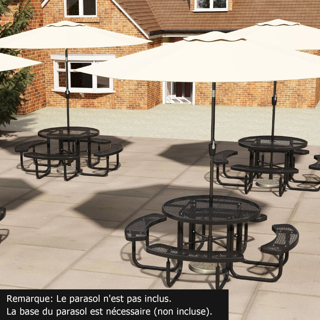 Table de Pique-Nique Ronde avec 4 Bancs Intégrés pour 8 Personnes Table de Camping en Métal avec Sièges et Trou pour Parasol 202x75cm Noir -