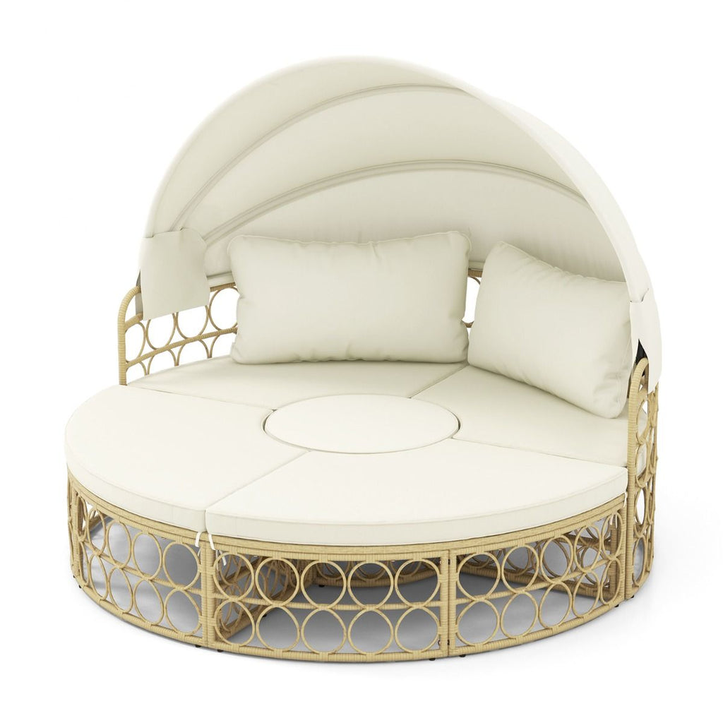 Lit de Repos Rond pour Patio avec Auvent Rtractable Ensemble de Sige Sectionnels Spars en Rotin PE avec Coussins Doux Blanc -