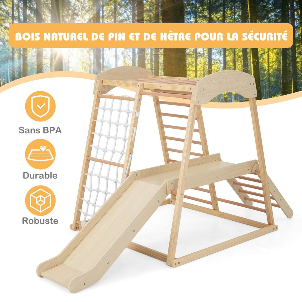 Triangle d'Escalade 6 en 1 en Bois avec Toboggan et Filet Barre pour Grimper Ramper et Glisser 1 An+ Coloré/Naturel -