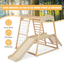 Load image into Gallery viewer, Triangle d'Escalade 6 en 1 en Bois avec Toboggan et Filet Barre pour Grimper Ramper et Glisser 1 An+ Coloré/Naturel -