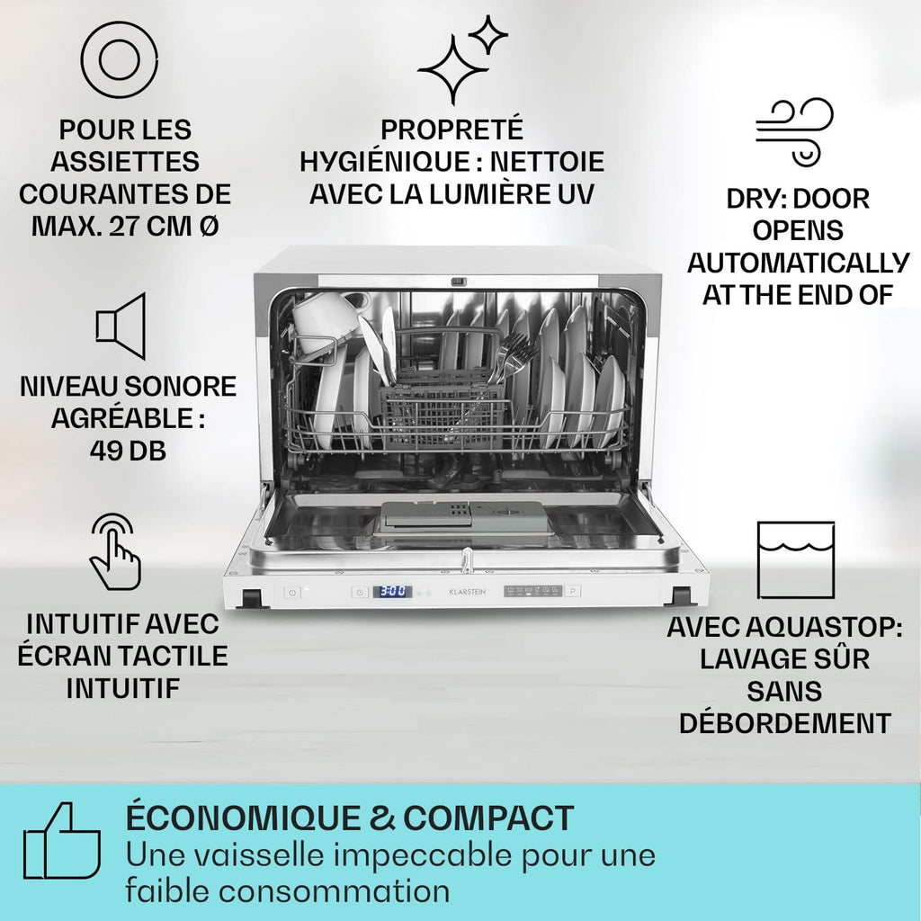 Mini Lave Vaisselle de Table de 8 Couvert,Silencieux,6 Programmes de Lavage,Portable,Facile à Installer pour la Maison et Bureau -