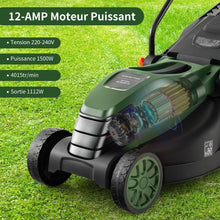 Load image into Gallery viewer, Tondeuse à Gazon Électrique Filaire 1500 W 4015 TR/Min Boîte de Collecte 35 L 3 Hauteur Réglables 25-65 MM Largeur de Coupe 34 CM Vert -