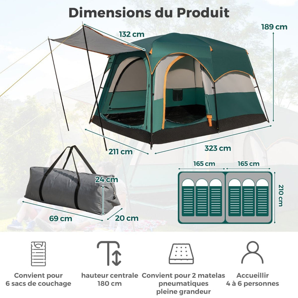 Tente de Camping pour 6 Personnes avec 2 Pièces Tente Double Couchage Double Toit Bâche en Pe Fenêtres en Maille Imperméable avec Sac de Transport Vert -