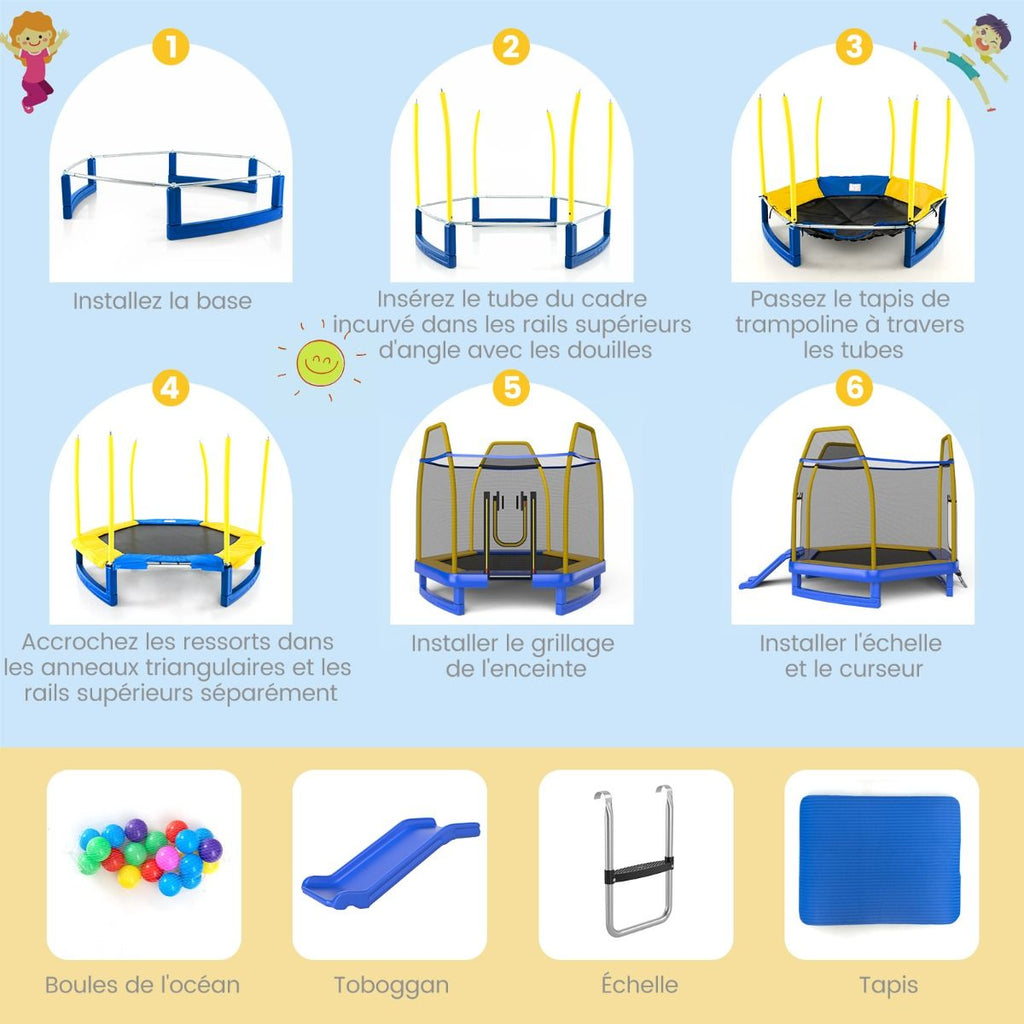 Trampoline Extérieur Ø 223cm avec Toboggan&Echelle avec Filet de Sécurité 2 Portes en U Charge 270kg pour 2-3 Enfants de 3 Ans+ Bleu/Vert -
