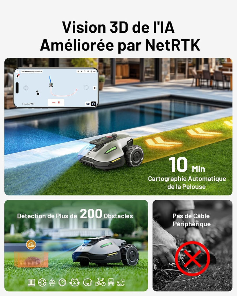 MAMMOTION YUKA Mini 700 Robot Tondeuse sans Fil Périphérique, NetRTK+Vision, Aucune Antenne RTK Requise, Recommandé 700 m², Pente à 50%, Cartographie Automatique, avec Module 4G