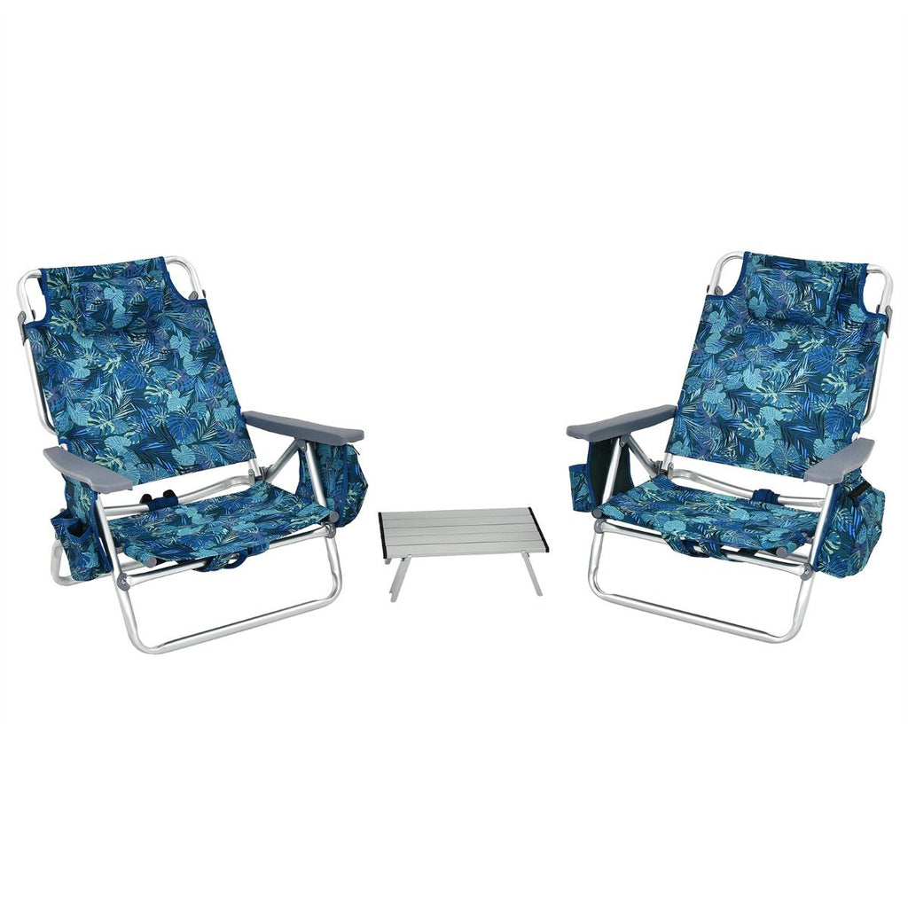 Lot de 2 Chaises de Camping Plage Pliante Table Enroulable en Aluminium Appui-tête Dossier Réglable à 5 Positions 6 Couleurs au Choix -