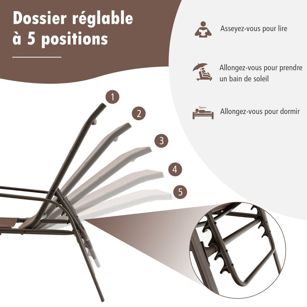 Lot de 2 Chaises longues avec Dossier Réglable Tissu Respirant Structure Robuste en Acier Charge Max 150KG -