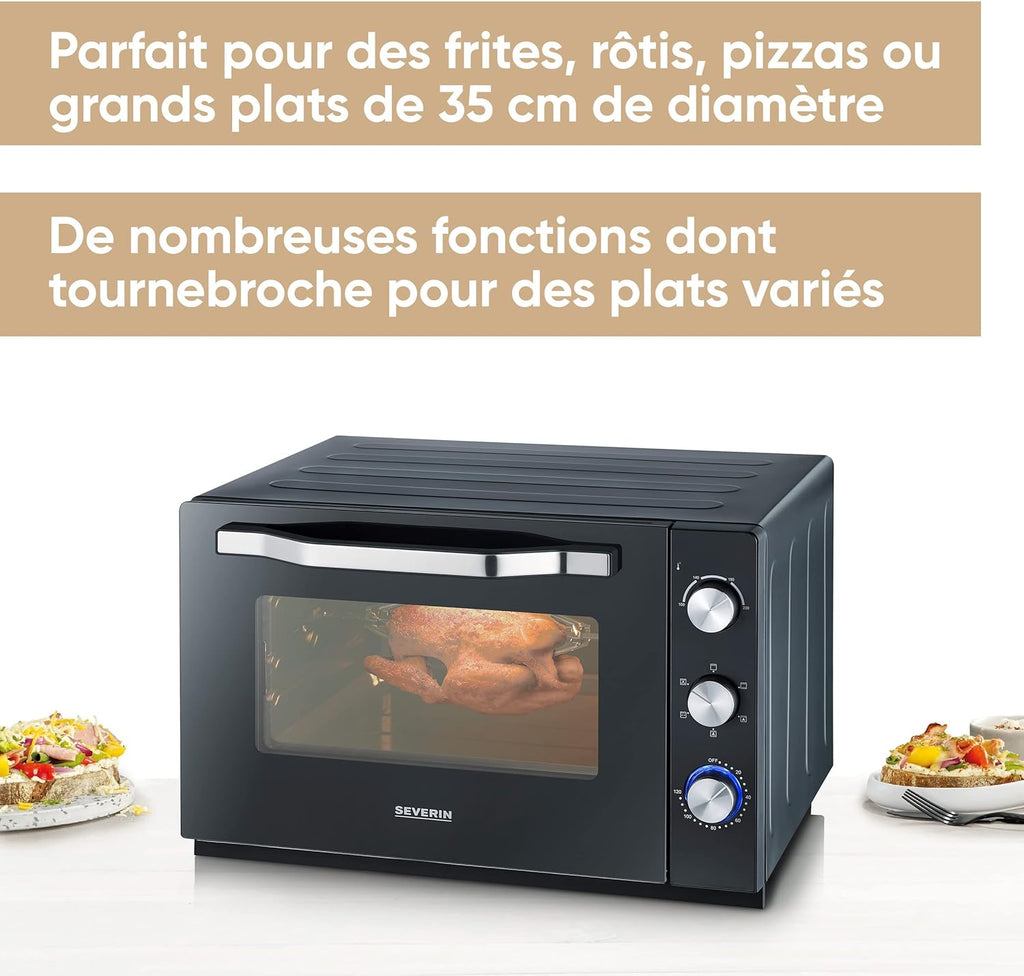SEVERIN Four posable XXL à Chaleur Tournante 60 L avec pierre à pizza et tournebroche 2 200 W design simple et élégant, Four électrique avec minuteur 120 min, Noir/Inox, TO 2073