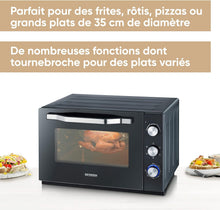 Load image into Gallery viewer, SEVERIN Four posable XXL à Chaleur Tournante 60 L avec pierre à pizza et tournebroche 2 200 W design simple et élégant, Four électrique avec minuteur 120 min, Noir/Inox, TO 2073