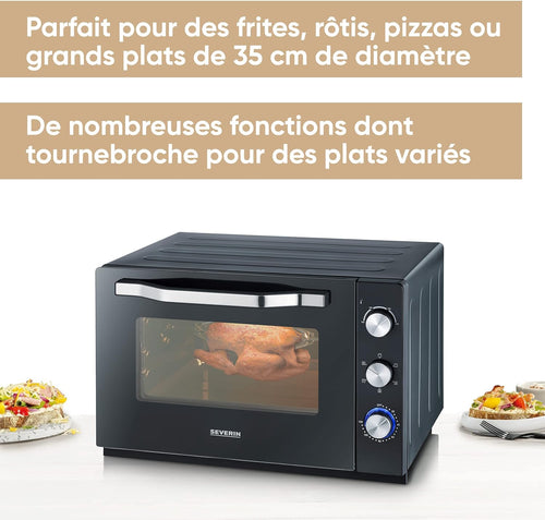SEVERIN Four posable XXL à Chaleur Tournante 60 L avec pierre à pizza et tournebroche 2 200 W design simple et élégant, Four électrique avec minuteur 120 min, Noir/Inox, TO 2073