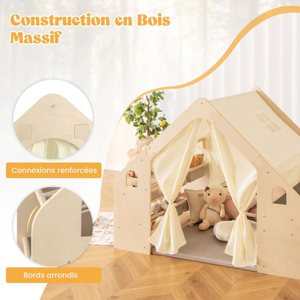 Tente de Jeu d'Intérieur en Bois pour Enfants 6 en 1 Tableau Noir Table Chaise 6 Bacs de Rangement Coussin de Sol Maison de Jeu pour 2-6 ans Beige -