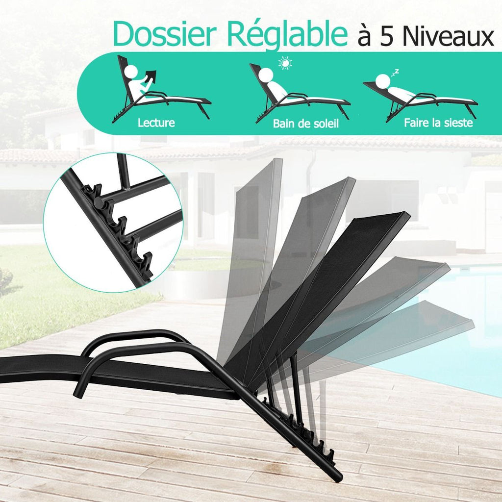 Lot de 2 Bains de Soleil Inclinables d'Extrieur avec Accoudoirs et Dossier Rglable  5 Positions Charge 160 kg Noir -