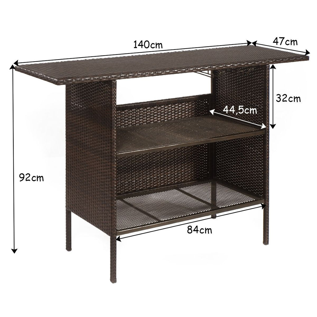 Table de Bar de Jardin en Rsine Tresse avec 2 Etagres de Rangement 2 de Rails pour Porte-Verres Marron -