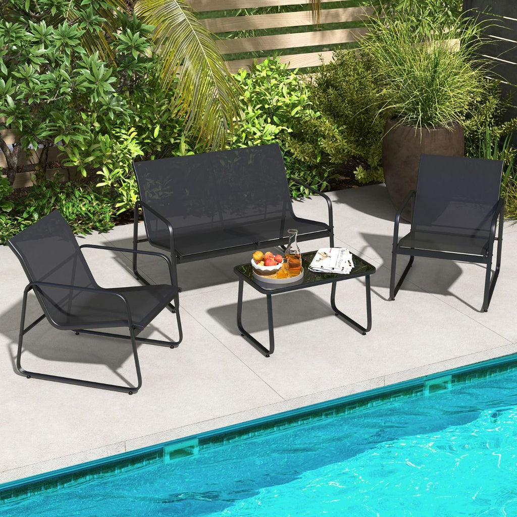 Salon de Jardin 4 Pices avec 2 Chaises Table en Verre Tremp et Causeuse Meuble Extrieur en Tissu Respirant Cadre Mtallique Noir -
