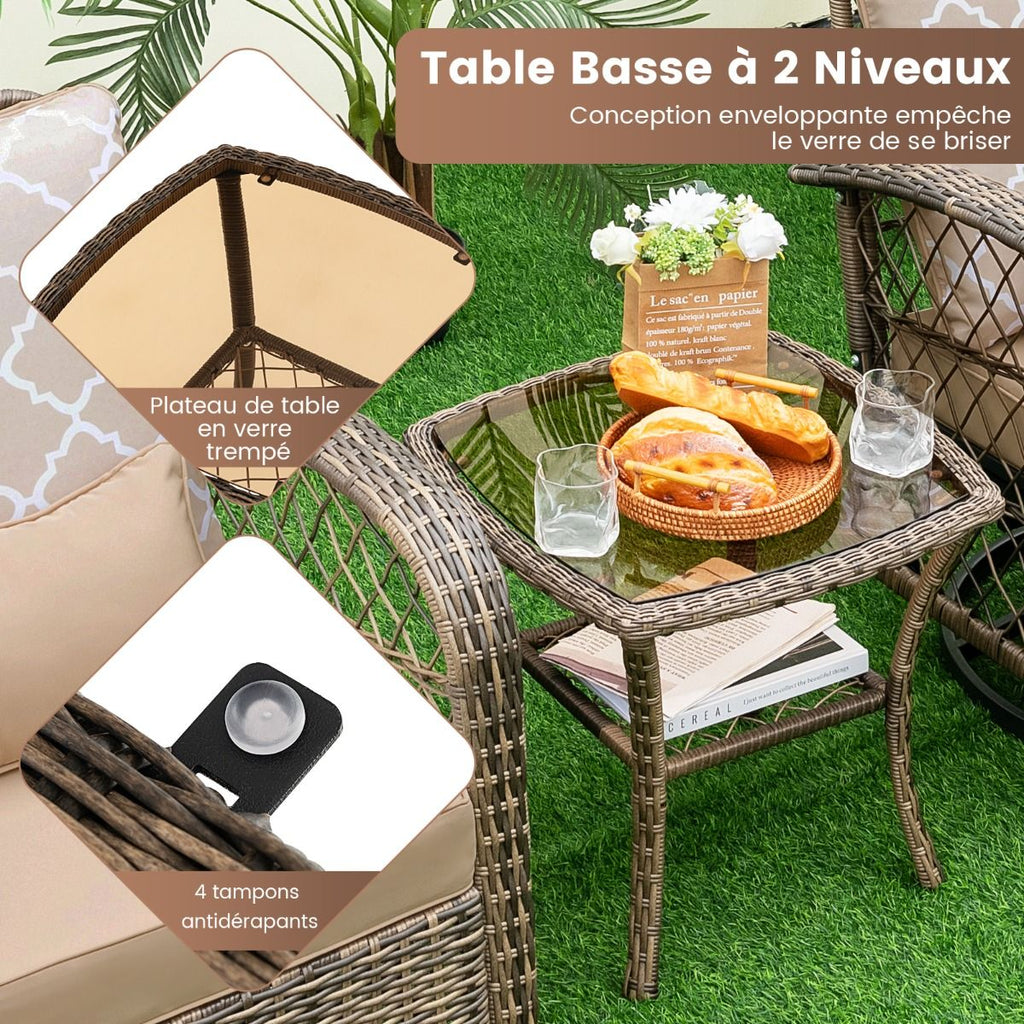 Salon de Jardin Extrieur 3PCS - 2 en Fauteuils  Bascule Pivotant  360掳Rotin PE Cadre Mtal our Terrasse Balcon -