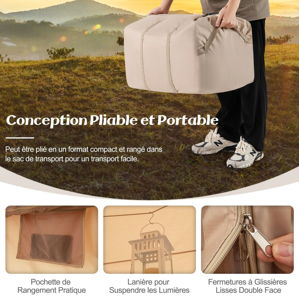 Tente de Camping Gonflable 6 m² pour 4-6 Personnes Tente en Coton Coupe-vent et Imperméable avec Pompe 7 Fenêtres à Moustiquaire Beige -