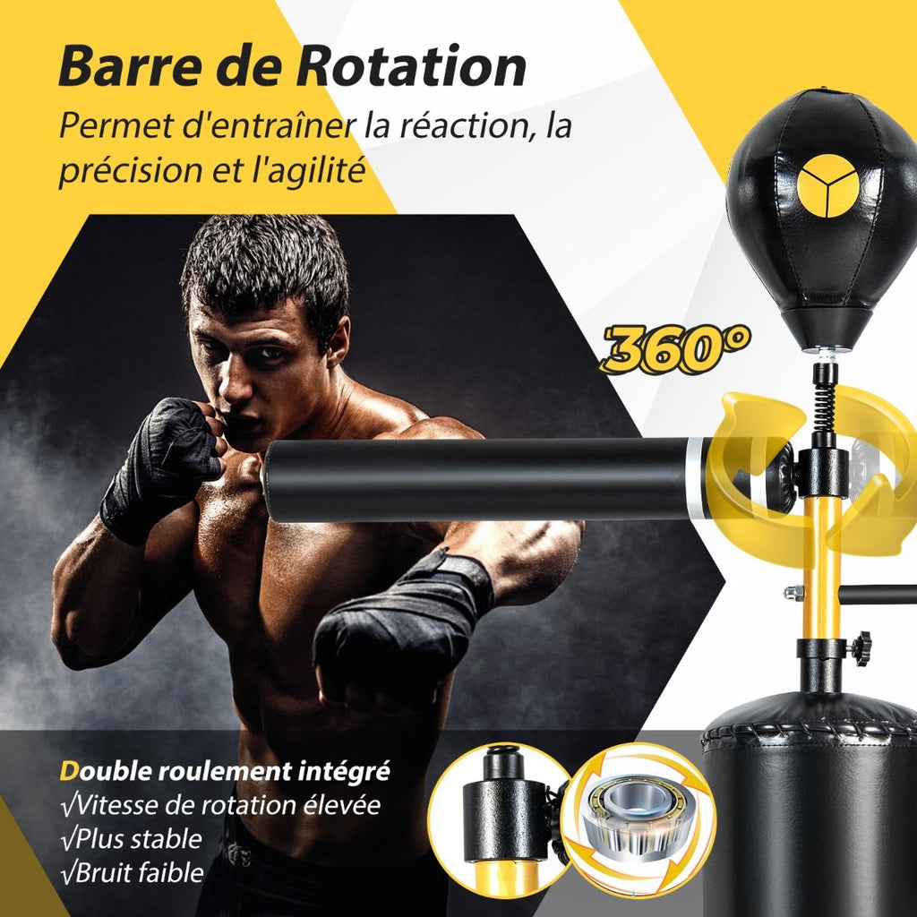 Sac de Frappe sur Pied Entraîneur de Vitesse en Boxe Barre Pivotante à 360° Punching Ball Hauteur Réglable 168-201cm pour MMA Adolescents & Adultes -