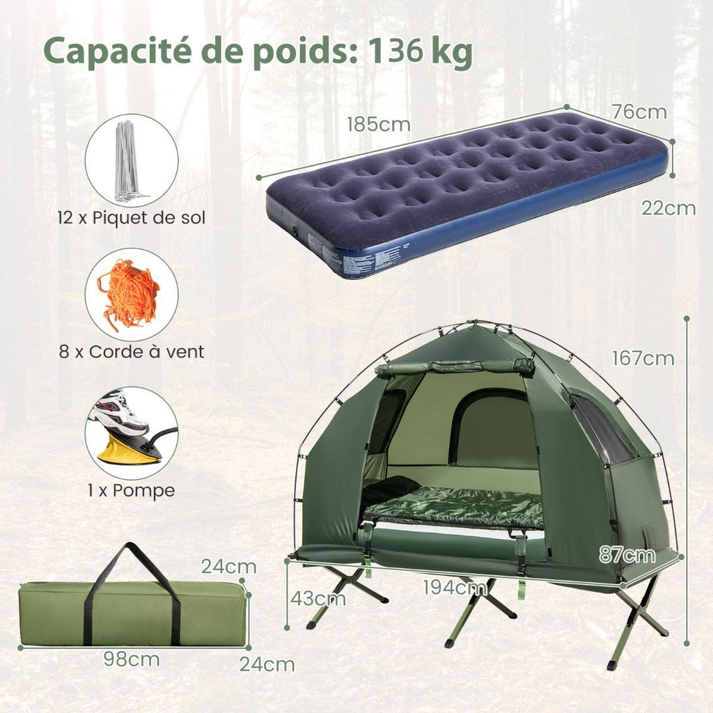 Tente de Camping avec Lit pour 1 Personne Lit de Camping Pliant 5 en 1 avec Matelas Pneumatique Oreiller Sac de Couchage Tente Surélevée Étanche -