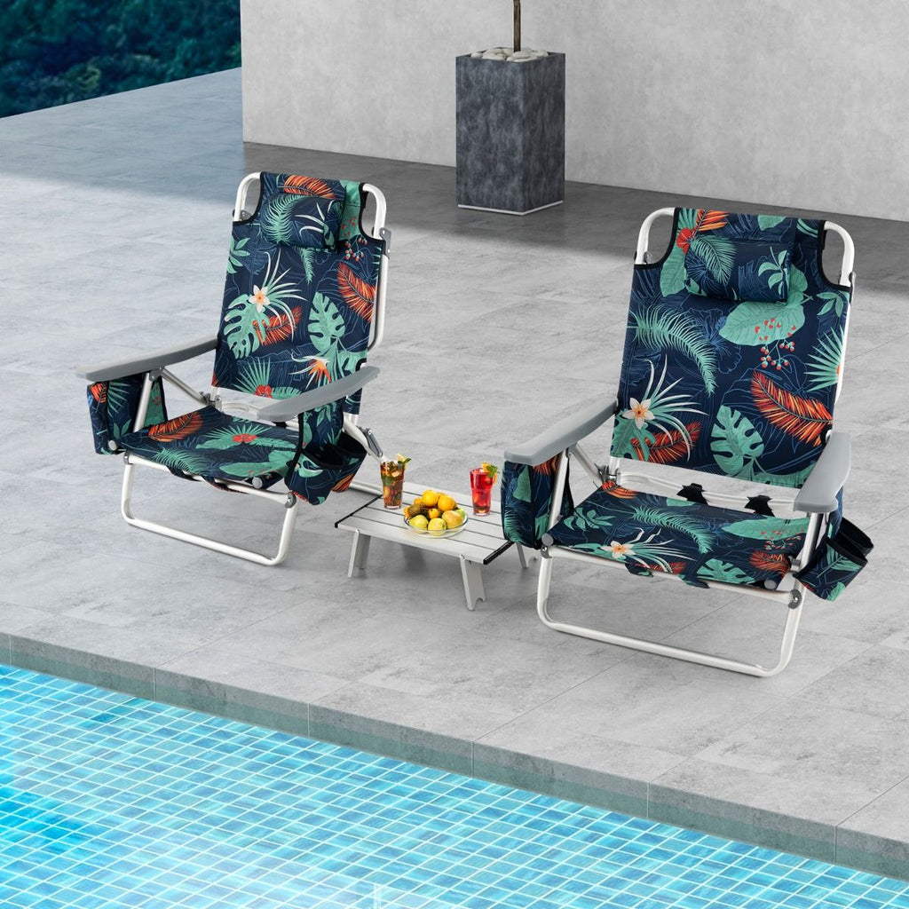 Lot de 2 Chaises de Camping Plage Pliante Table Enroulable en Aluminium Appui-tête Dossier Réglable à 5 Positions 6 Couleurs au Choix -