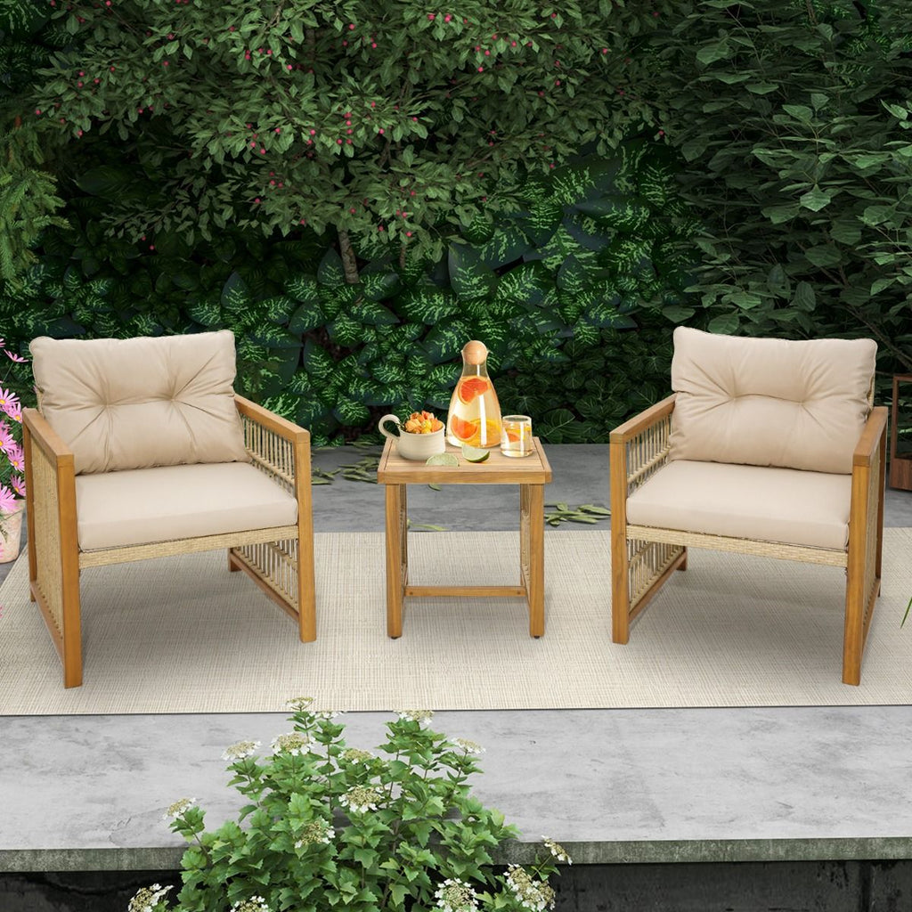 Salon de Jardin avec 1 Table et 2 Fauteuils en Bois d'Acacia et Rotin Anti-UV Pieds Rglables Coussins avec Zip Nautel -