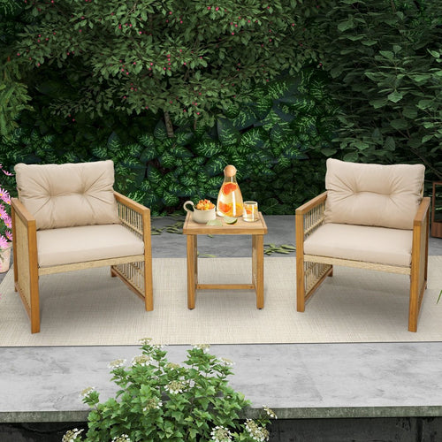 Salon de Jardin avec 1 Table et 2 Fauteuils en Bois d'Acacia et Rotin Anti-UV Pieds Rglables Coussins avec Zip Nautel -